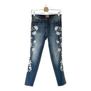 Driftwood Jackie Jeans Embroidered Skinny Women's Size 27 Blue White Floral Boho